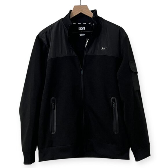 DKNY Men’s Black Full Zip Jacket Size L NWT Stretch Polyester Spandex Utility - Picture 1 of 11
